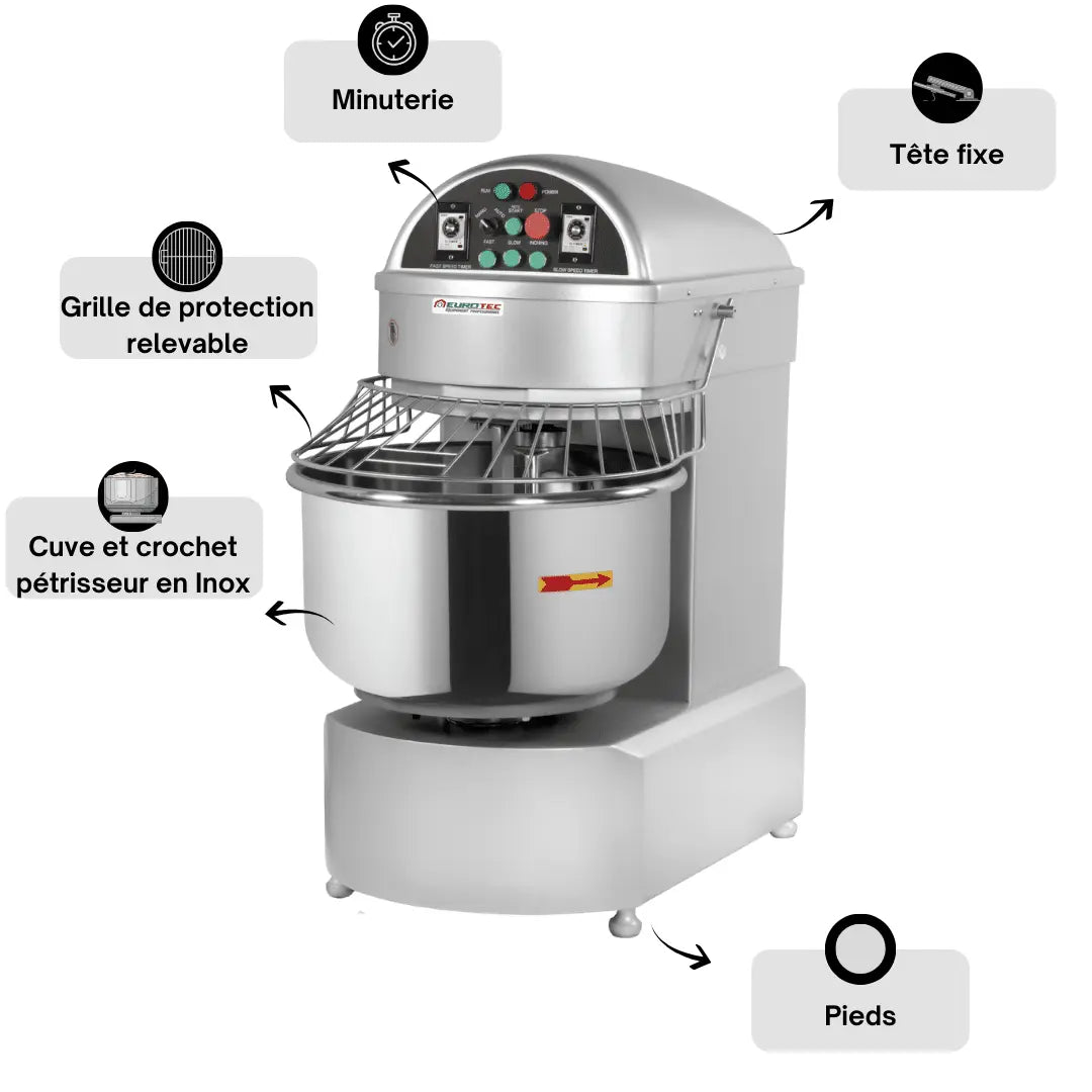 Pétrin Professionnel à Tête Fixe - 70 Litres / 35 Kg - 2 Vitesse - Cuve Extractible Parinox