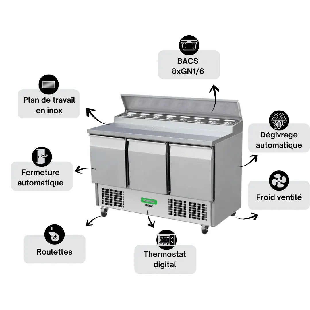 Saladette Réfrigérée Compacte 3 Portes TOP - Avec Plan de Travail Inox - Profondeur 700 mm Parinox
