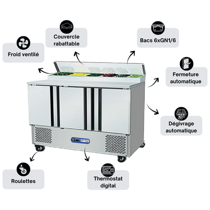 Saladette Réfrigérée 3 Portes PRESTIGE Avec Plan de Travail INOX