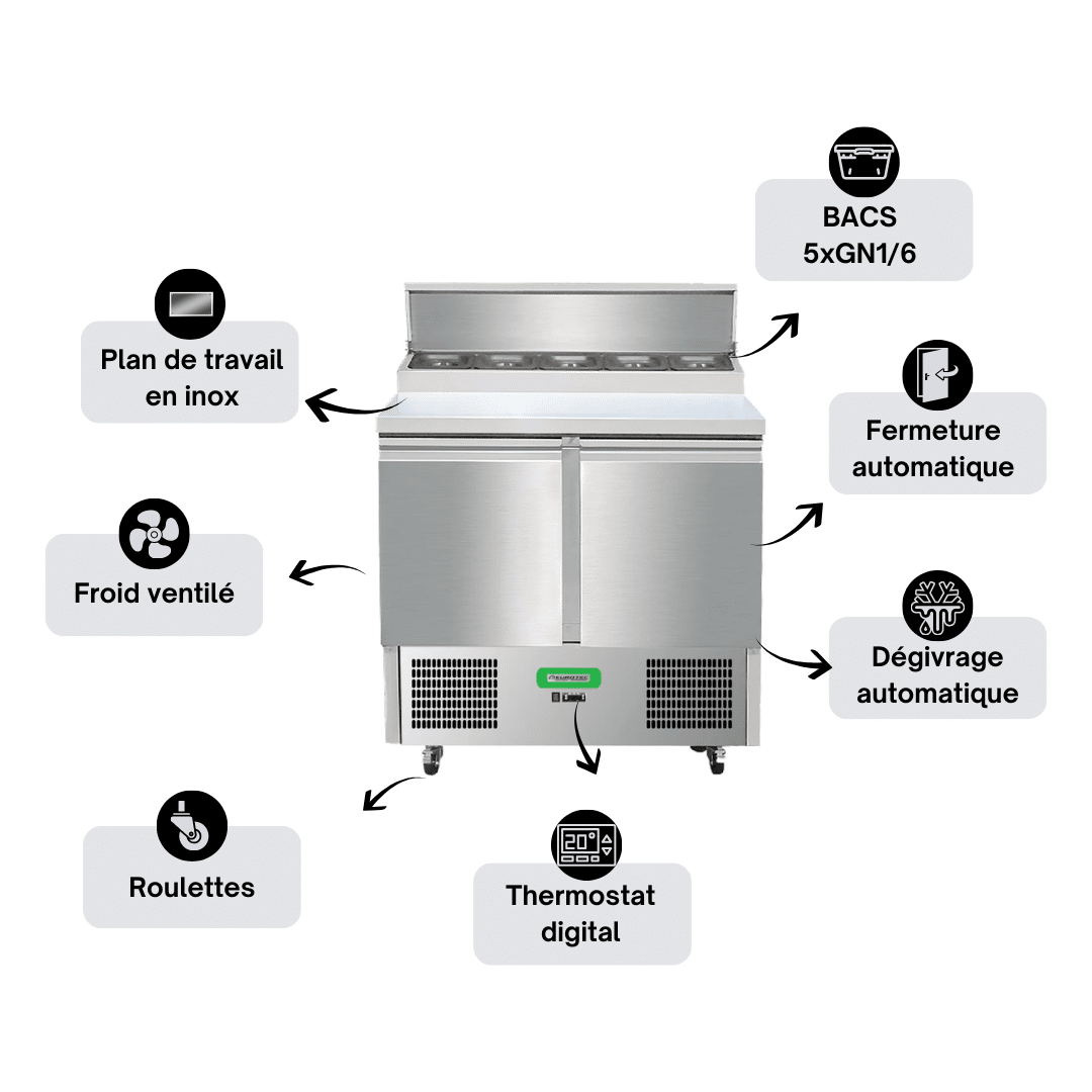 Saladette Réfrigérée Compacte 2 Portes TOP- Avec Plan de Travail Inox - Profondeur 700 mm