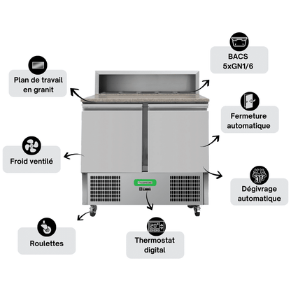 Saladette Réfrigérée Compacte 2 Portes TOP - Avec Plan de Travail Granit - Profondeur 700 mm